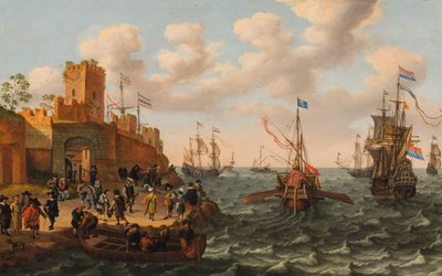 Egy holland hárommester és egy pápai gálya más hajókkal egy erődváros partja mentén, 1662 körül (olaj, tábla) alkotó: Isaak Willaerts