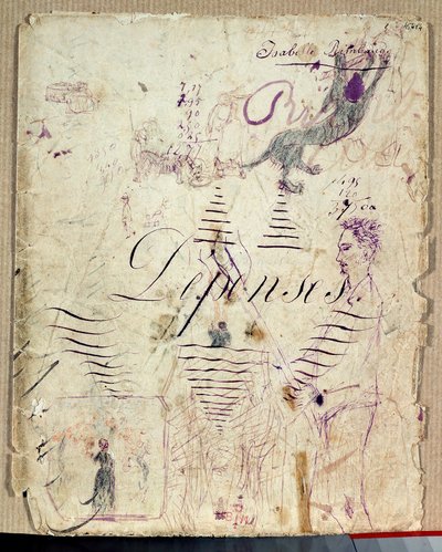 Arthur Rimbaud segíti a betakarítást. Isabelle Rimbaud rajza lila tintával egy költségkönyv vázlatlapjára alkotó: Isabelle Rimbaud
