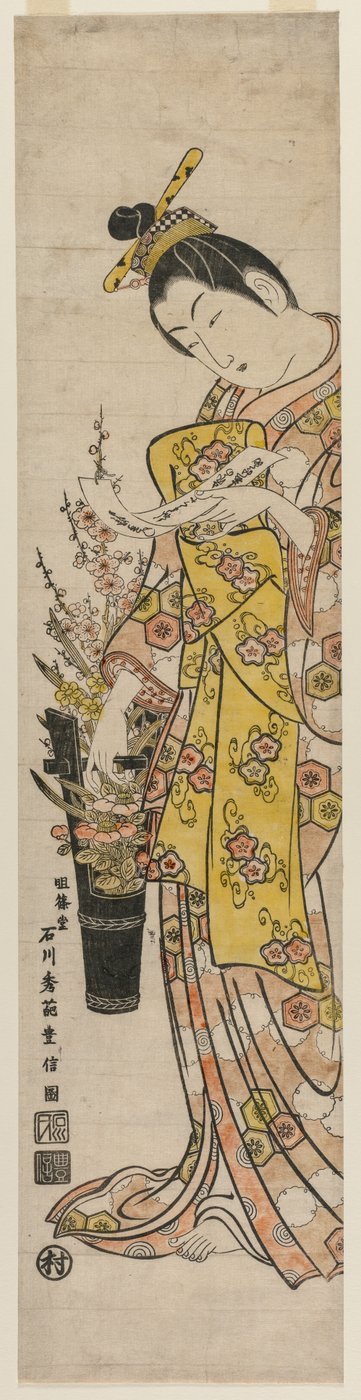 Az udvarhölgy vázában virágokhoz kötött verscédulát olvas, 1740-es évek közepe. alkotó: Ishikawa Toyonobu