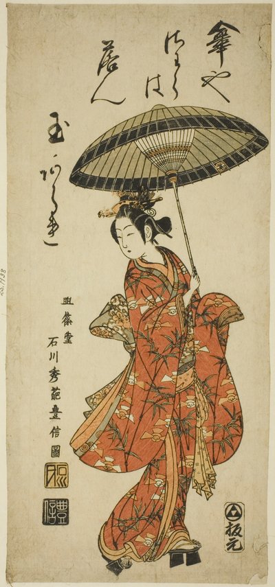A színész Segawa Kikunojo II esernyőt tart a kezében alkotó: Ishikawa Toyonobu