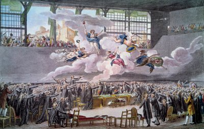 Francia forradalom: „” Le oath du jeu de Paume le 20 juin 1789”” A képviselők esküsznek, hogy nem választják el magukat, amíg az alkotmányt ki nem javítják. Isidore Helman (1743-1809) metszete 1789 Párizs, B.N. alkotó: Isidore Stanislas Helman