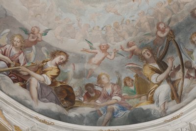 Angyalok, zenész angyalok és puttók, a Paradicsom részlete az örökkévaló Atyával, 1623-34 körül (3496185 részlet) alkotó: Isidoro Bianchi