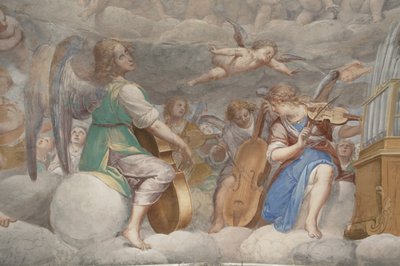 Angyalok, zenész angyalok és puttók, a Paradicsom részlete az örökkévaló Atyával, 1623-34 körül (3496185 részlet) alkotó: Isidoro Bianchi