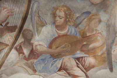 Angyalok, zenész angyalok és puttók, a Paradicsom részlete az örökkévaló Atyával, 1623-34 körül (3496185 részlet) alkotó: Isidoro Bianchi