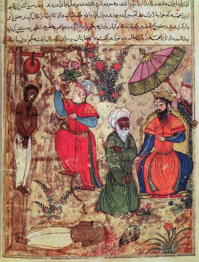 Fol.100 A szultán igazságot mutat, a "Kalilah és Dimnah könyvéből" (tus és fedő akvarell, papír) alkotó: Islamic School