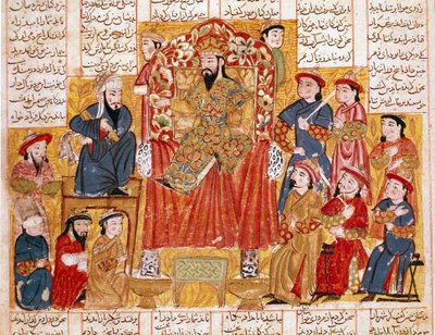 Iszlám művészet: „” Egy szultán és udvara”” perzsa miniatűr Ferdowsi (Firdawsi vagy Ferdawsi vagy Firdousi) „” Shahnameh”” (Shah Nama, Shahnama) (Királyok könyve) című epikus költeményének kéziratából. 940-1020 körül) 1330 körül Topkapi múzeum, Isztambul alkotó: Islamic School