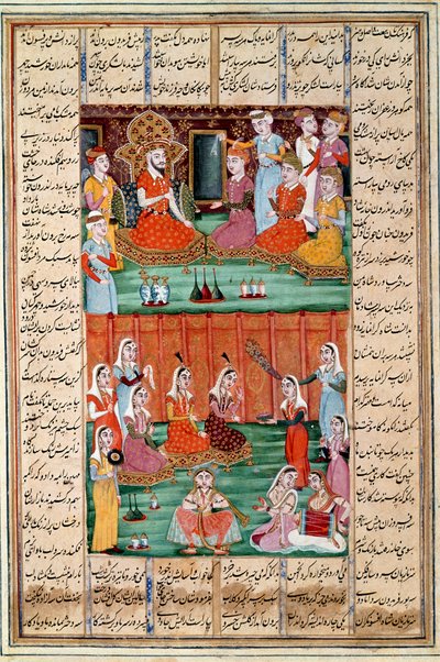 Iszlám művészet: „” Sero, Jemen királya három lányának házassága”” perzsa miniatűr Ferdowsi (Firdawsi vagy Ferdawsi) „” Shahnameh”” (Shah Nama, Shahnama) (Királyok könyve) című epikus költeményének kéziratából , vagy Firdousi, kb. 940-1020 körül) (60 ms alkotó: Islamic School