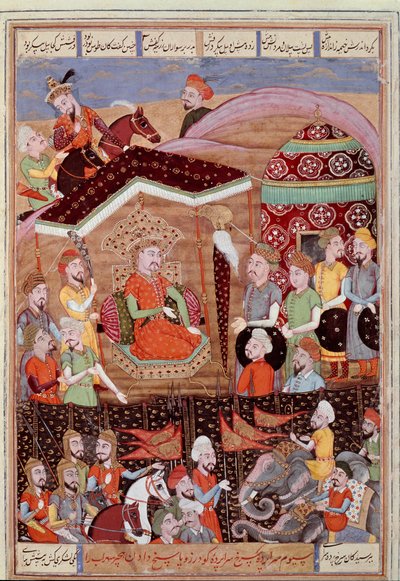 Iszlám művészet: „” Sohrab (Szaharab) a perzsa hadsereg vezetőinek fekete sátrát nézi””” Perzsa miniatűr a „” Shahnameh” című epikus költemény kéziratából” (Shah Nama, Shahnama) (Királyok könyve) Ferdowsi (Firdawsi vagy Ferdawsi, vagy Firdousi, kb. 6 alkotó: Islamic School