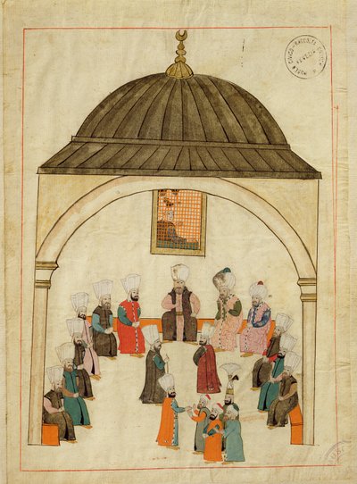 Ms. cicogna 1971, miniatűr a "Memory Turchese"-ből, amely a konstantinápolyi Topkapi palota császári termét ábrázolja, 1580 körül alkotó: Islamic School