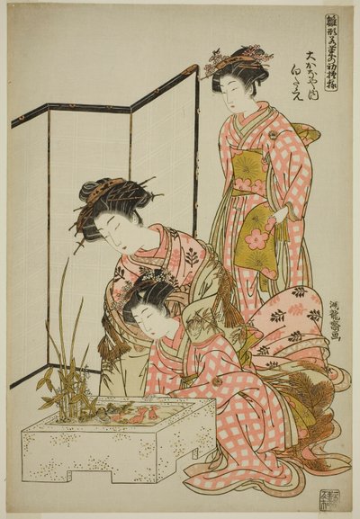 Shirotae of the Okanaya, a "Modells for Fashion: New Designs olyan friss, mint a fiatal levelek (Hinagata wakana no hatsu moyo)" sorozatból. alkotó: Isoda Koryusai