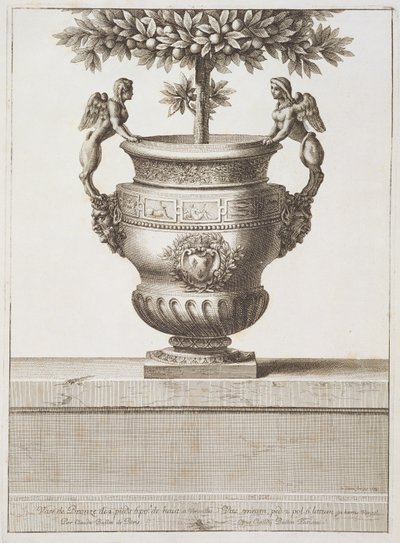 Citrusfákhoz használt bronz urnák, illusztráció a „Versailles nézetei és tervei”, Párizs, 1664-89 körül (metszet) alkotó: Israel the Younger (after) Silvestre