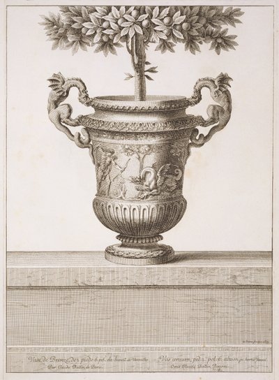 Citrusfákhoz használt bronz urnák, illusztráció a „Versailles nézetei és tervei”, Párizs, 1664-89 körül (metszet) alkotó: Israel the Younger (after) Silvestre