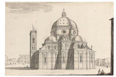 Dóm és Campanile, Firenze (fekete kréta, toll és szürke tinta, barna és szürke mosás papíron vízjellel) alkotó: Israel the Younger Silvestre