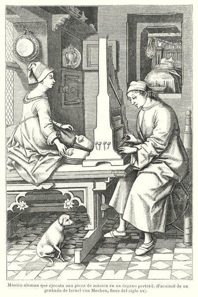 Német zenész hordozható orgonán, 15. század végén (litho) alkotó: Israel van (after) Mecken