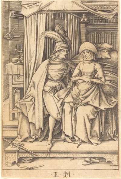 Pár ül egy ágyon, c. 14951503. alkotó: Israhel van Meckenem