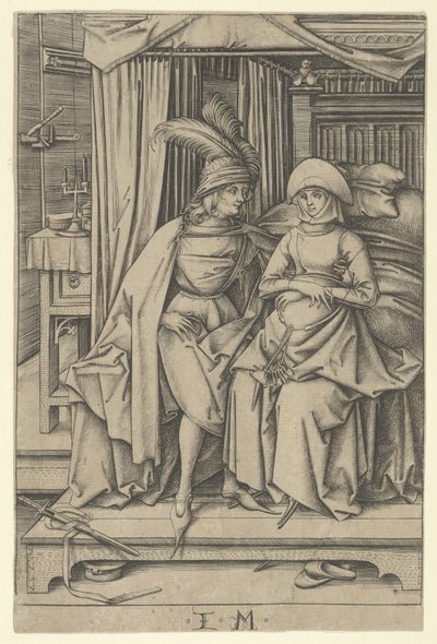 Ágyon ülő pár, a Scenes of Daily Life,.n.d. alkotó: Israhel van Meckenem