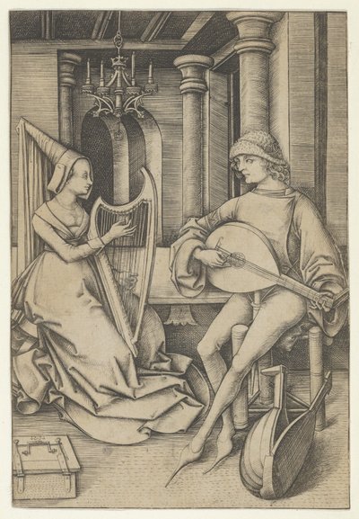 Lantos és hárfás, a Scenes of Daily Life,.n.d. alkotó: Israhel van Meckenem
