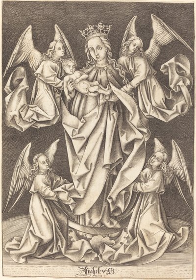 A Madonna és a gyermek a félholdon négy angyal által támogatott alkotó: Israhel van Meckenem