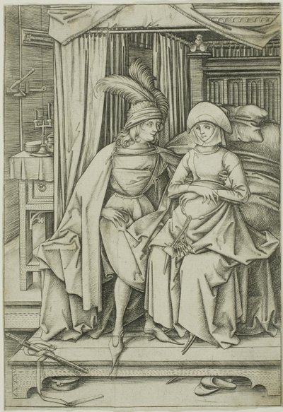 Egy férfi és egy nő egy ágyon ülve alkotó: Israhel van Meckenem the younger