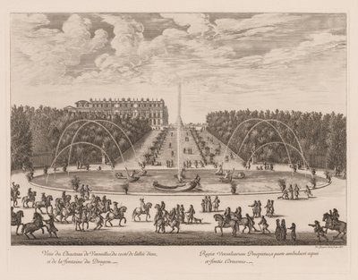 Kilátás a Versailles-i palotára, a sikátor és a Sárkány szökőkút oldaláról, 1676. alkotó: Israël Silvestre