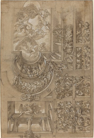 Illuzionisztikus mennyezet szőlőlugasszal, galériákon álló alakokkal és olimpiai istenek központi jelenetével alkotó: Italian 16th Century