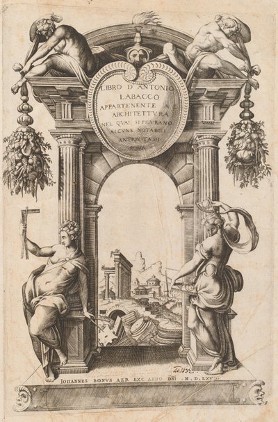 Az építészethez tartozó könyv [Címoldal] alkotó: Italian 16th Century, after Antonio Labacco, published by Giovanni Boni