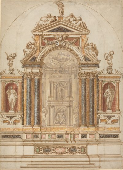 Kidolgozott, szobrokkal díszített, színes márványoltár alkotó: Italian 17th Century