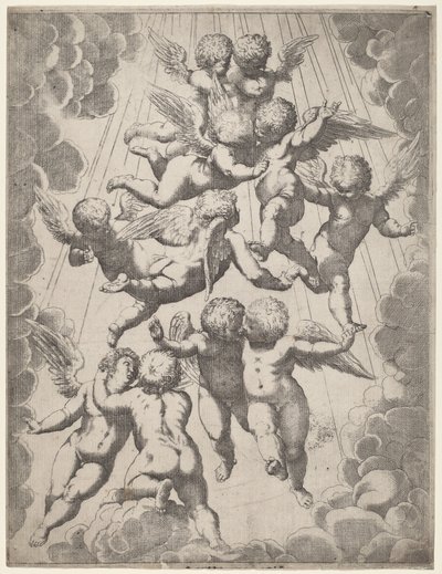 Angyalok csoportja a dicsőségben alkotó: Italian 17th Century, after Guido Reni, after Luca Cambiaso