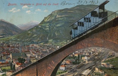 Bolzano - siklóvasút és kilátás a városra. 1913-ban feladott képeslap. alkotó: Italian Photographer