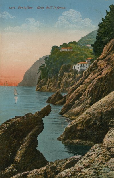 Portofino, Olaszország. Gola dell Inferno. 1913-ban feladott képeslap. alkotó: Italian Photographer