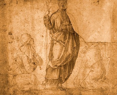 Egy szent két térdelő nővel (piros kréta papíron) alkotó: Italian School