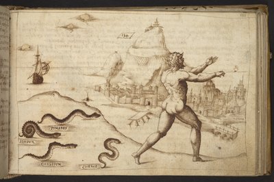Hozzáadás. 82955, f.133   Emberi alakot kergető kígyók.  , a Historia Animaliumtól, (245 különböző állatfajtáról és mitikus lényről készült toll- és tusrajzból áll, mindegyikhez leírás tartozik.)    1595 alkotó: Italian School