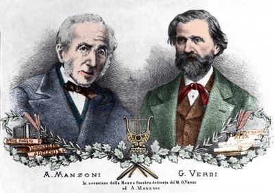 Alessandro Manzoni és Giuseppe Verdi a Messa da Requiem alkalmából (színes metszet) alkotó: Italian School