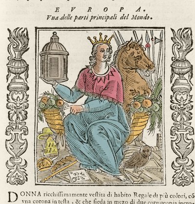 Európa allegóriája gazdagon öltözött nő alakjában, megkoronázva, bőségszarvakkal körülvéve. Cesare Ripa (1550, 1622 körül) „” Iconologia” című tányérja alkotó: Italian School