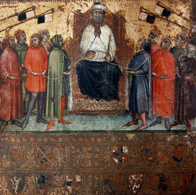 Siena város kormányának allegóriája olyan polgárokkal körülvéve, akiket szimbolikusan kötél köt össze. Névtelen festmény egy Biccherna fára (Siena város számviteli nyilvántartásának borítója) 1385. Siena Archivio di Stato, Olaszország alkotó: Italian School