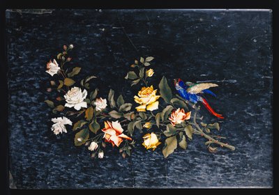Olasz pietre dure intarziás fekete-fehér tarka márvány asztallap alkotó: Italian School
