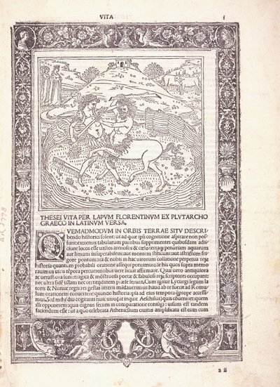 Illusztrált oldal Plutarkhosz „Párhuzamos életei” latin kiadásából, amely Thészeuszt a kentaurral harcolva ábrázolja alkotó: Italian School