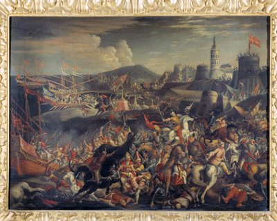 A szaracénok támadása Málta szigetén, a Knights Hospitaller által védett 1565-ben alkotó: Italian School