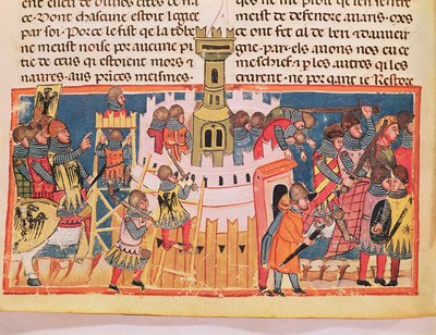 Egy erőd megtámadása, Gaius Suetonius Tranquillus (75-150 körül) "Le Vite di Dodici Cesari" című művéből (pergamen) alkotó: Italian School