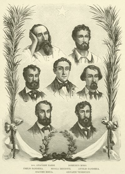 Avv Anacarsi Nardi, Domenico Moro, Emilio Bandiera, Nicola Ricciotti, Attilio Bandiera, Giacomo Rocca, Giovanni Venerucci (metszet) alkotó: Italian School