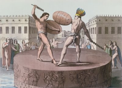 Azték harcosok harcban egy Cuauhxicalli-n, 1820 körül alkotó: Italian School
