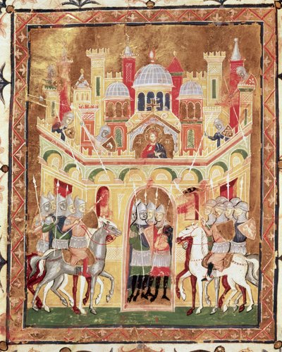 Csatajelenet Jeruzsálem falainál, Burcardus Theutonicus Descriptio Terrae Sanctae-jából vagy Burchard of Mount Sion alkotó: Italian School