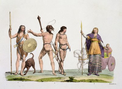 Britok, kaledóniaiak és Boadicea királynő, 4. tábla a Nemzetek története című könyvből (akvatinta) alkotó: Italian School