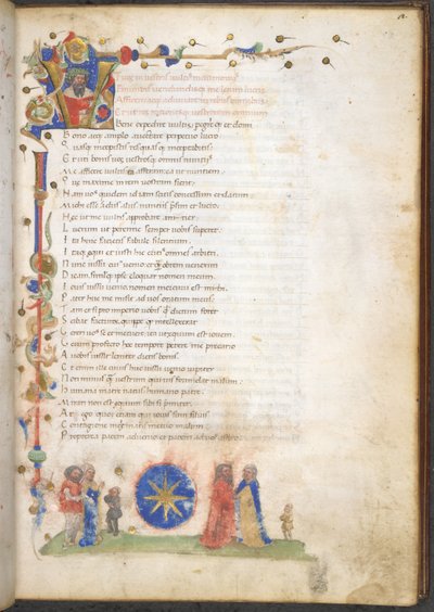 Burney 227 f.3 A veronai Stella család tagja: a család karjai: azúrkék, nyolcágú csillag, Titus Maccius Plautus „Amphitruo, Nyolc vígjáték prológusokkal és vitákkal” című művéből, 1440 körül (tinta, színes és arany pergamen) alkotó: Italian School