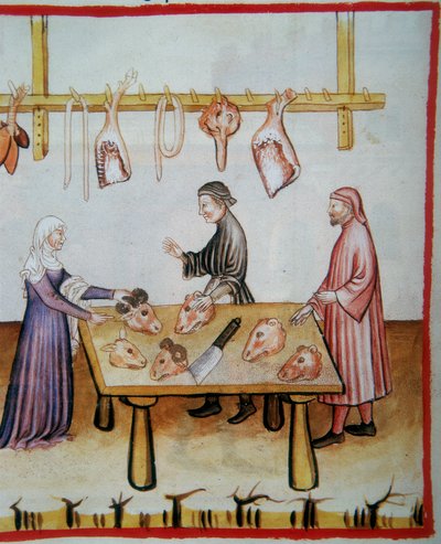 Állatfejek levágása. Megvilágítás a Codex Vindobonensis Series Nova 2644-ből (fol.76v), Tacuinum Sanitatis alkotó: Italian School