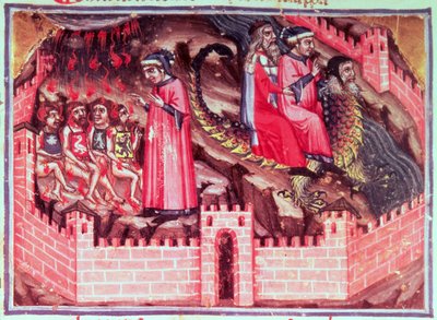 XVII. ének Négy szodomita: Dante és Vergilius Geryon hátán lovagol a csalók körébe, az Isteni színjátékból (a pokol), 1313 körül alkotó: Italian School