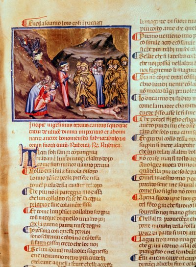 Dante és Vergilius XXIII. éneke a Képmutatók körében, Kaifással a földön keresztre feszítve, az Isteni színjátékból (A pokol), 1313 körül alkotó: Italian School