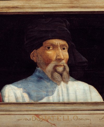 Cassone a firenzei reneszánsz mesterének 5 portréjával, Donatello (dit), Donato di Niccolo di Betto Bardi (1386-1466) portréjával. Az alábbi felirat valószínűleg egymást követi. Musee du Louvre, Párizs - Cassone panel f alkotó: Italian School
