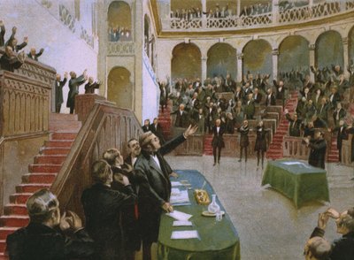 Cavour 1861. február 18-án megtapsolja az első olasz nemzeti parlamentet II. Viktor Emmánuel királynak (1820-78), a Risorgimento történetét bemutató albumból, amely a csokoládéhoz készült. alkotó: Italian School