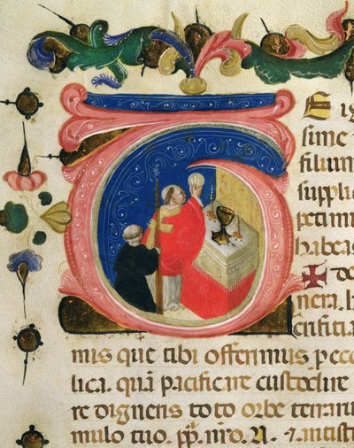 Eucharisztia ünnepe, a Szent Jeromos világi céh egyik Mariegolájából, 1400 körül (tinta és aranylevél pergamen) alkotó: Italian School